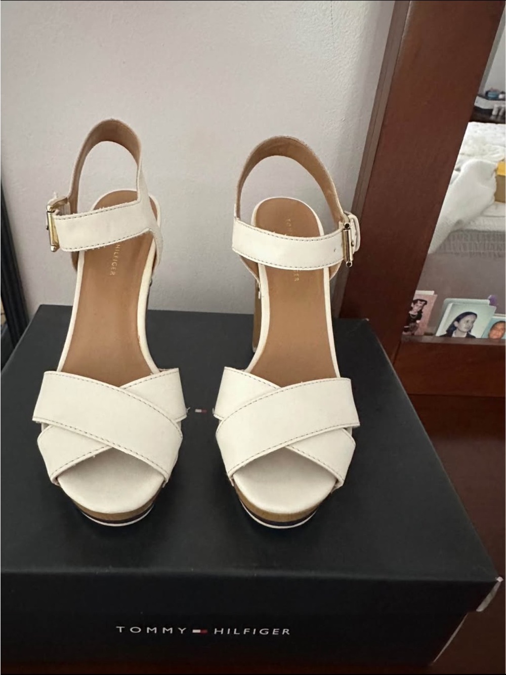 Tommy Hilfiger Cream Cross-Strap Wedge Sandals with Ankle Buckle